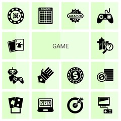 14 game filled icons set isolated on white background. Icons set with Joker, NPC, gauntlet gloves, quest, roulette, Bingo, Jackpot, Gaming, poker, online casino, goal, Video games icons.