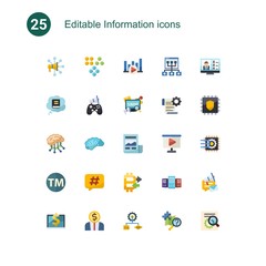 25 information flat icons set isolated on . Icons set with Advertising Networks, Clustering, Bitrate, Knowledge, In-game Advertising, Social Media Marketing, Deep learning icons.