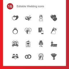 16 wedding filled icons set isolated on . Icons set with love, Honeymoon, bride, diamond ring, just married couple, vow, Brougham, Invitation, just married car, couple icons.