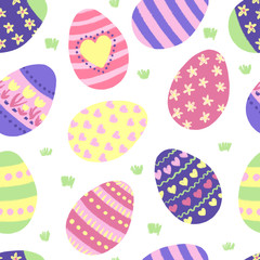 Easter egg seamless pattern. Cute hand drawn Easter eggs with flowers, stripes, hearts in pastel colors green, pink, purple, yellow. Use for greeting cards, wrapping paper, packaging, kids fabric