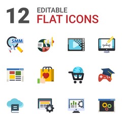 12 banner flat icons set isolated on white background. Icons set with Social Marketing, Social campaign, Encoding, front end, Brand engagement, Webdesign, Email Marketing icons.