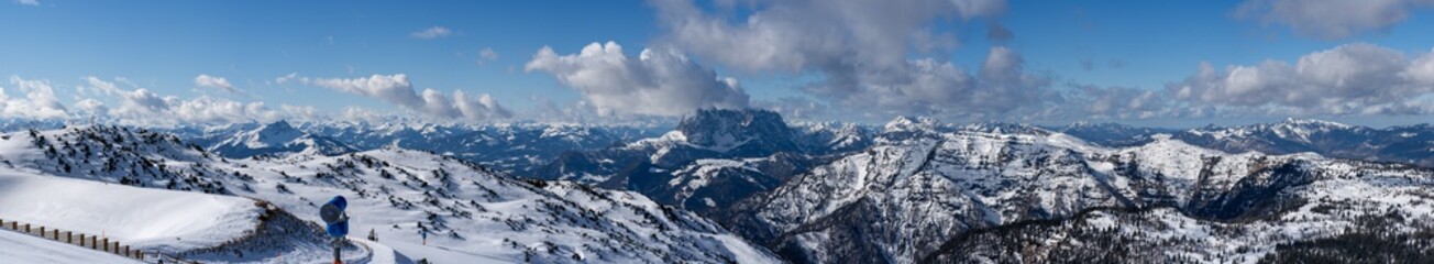 Plakat panorama photography, beautiful panoramic view over the Austrian Alps to the Wilder Kaiser mountain, blue sky with some clouds