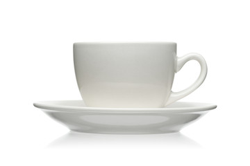 White cup and saucer isolated on a white background.