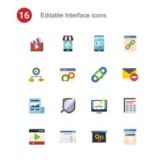 16 interface flat icons set isolated on . Icons set with Video marketing, Mobile marketing, Mobile game, Algorithm, Website optimization, link building, News Feed, RPG icons.