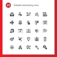 25 advertising filled icons set isolated on . Icons set with Mail marketing, social media specialist, Social Media Marketing, Call To Action, Affiliate Marketing, Click Through Rate icons.