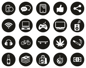 Teenager Icons White On Black Flat Design Circle Set Big
