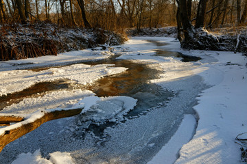 forest river in ice in early spring