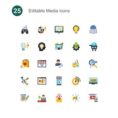 25 media flat icons set isolated on . Icons set with In-game Advertising, Social campaign, Content management, Creative campaign, Creative people, Social Media Marketing icons.