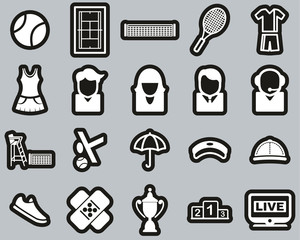 Tennis Sport & Equipment Icons White On Black Sticker Set Big
