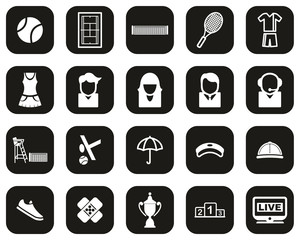 Tennis Sport & Equipment Icons White On Black Flat Design Set Big