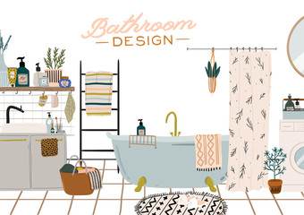 Stylish Scandinavian bathroom interior - bidet, tap, bath, toilet, sink, home decorations. Cozy modern comfy apartment furnished in Hygge style. Vector illustration