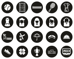 Tennis Sport & Equipment Icons White On Black Flat Design Circle Set Big