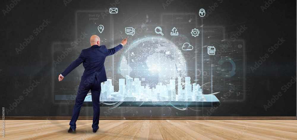 Poster businessman in front of a wall with smart city user interface with icon, stats and data 3d rendering