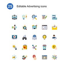 25 advertising flat icons set isolated on . Icons set with eCommerce Strategy, Creative campaign, Social Marketing, Call To Action, Audience targeting, Social Media Marketing icons.