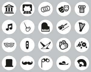 Theater Or Opera Icons Black & White Flat Design Circle Set Big