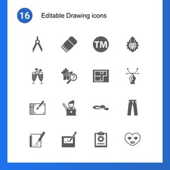 16 drawing filled icons set isolated on . Icons set with Compasses, Eraser, Trademark, champagne, quest, Property plan, Graphic tablet, graphic designer, woman hat, Sketching icons.