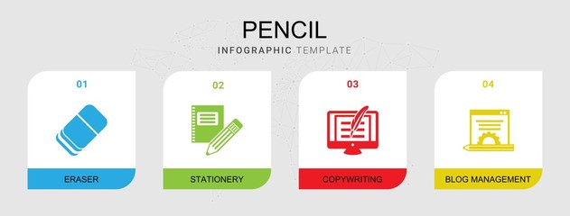 4 pencil filled icons set isolated on infographic template. Icons set with Eraser, Stationery, Copywriting, Blog management icons.
