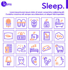 Sleep and insomnia color linear vector icons set.