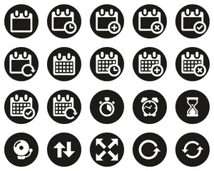 Time Or Schedule Icons White On Black Flat Design Circle Set Big