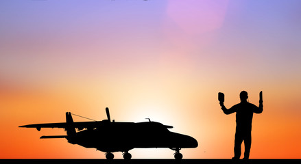 Fototapeta na wymiar silhouette Sending signals in flight on runway