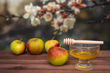 Fototapeta na wymiar Apples and honey on a background of nature. Rosh hashanah concept. Traditional symbols. jewish New Year holiday.