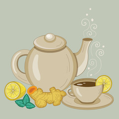 Teapot and Cup of Ginger and Lemon Tea