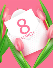 March 8 greeting card, , Happy Women's Day poster, polka pink envelope and realistic pink tulips. delicate pink postcard. vector illustration