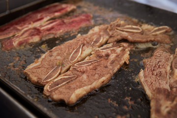 Grilled galbi steak on iron plate 