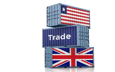 Fototapeta na wymiar Freight container with Liberia and United Kingdom flag. 3D Rendering