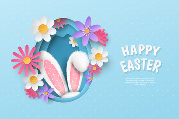 Vector cute festive horizontal banner with layered cut out paper egg, realistic 3D fur ears of bunny and flowers on blue background. Holiday childish template with text Happy Easter for greeting card.