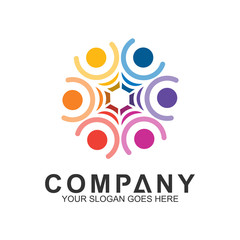 community care vector, people group, social relationship icon, charity symbol, human caring, kids and adoption logo, people teamwork, colorful and circular people logo design template