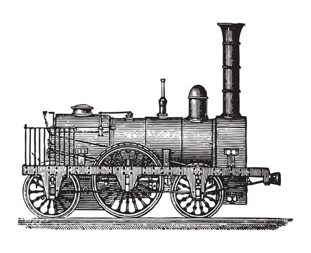 Old locomotive - Adler (1835) / vintage illustration from Brockhaus Konversations-Lexikon 1908