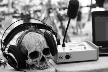 Human skull with headphones and microphone monochrome. Music and sound concept. Skull with...