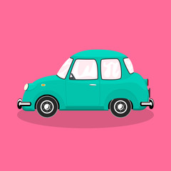 Green retro car isolated on a pink background, vector illustration