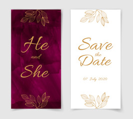 Watercolor burgundy background with golden leaves. Bright wedding invitation, celebration, save the date. Fashionable design in a contemporary style. Hand painted paints. 