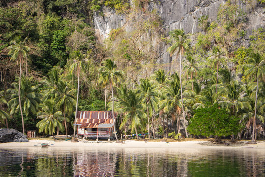 Palawan, Philippines - 03/04/2019: tropical hut on seacoast. Bamboo cabin on sand beach under palm trees. Ecotourism concept. Relax and travel in Asia. Hut in jungle. Tropical landscape. Island life.