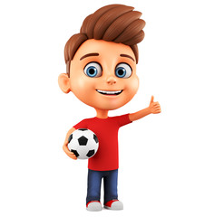 Cheerful cartoon character little boy on a white background with a soccer ball. 3d render illustration.