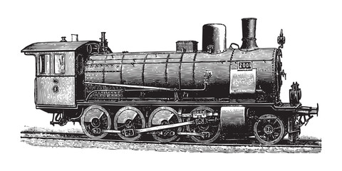 Old locomotive / vintage illustration from Brockhaus Konversations-Lexikon 1908 - obrazy, fototapety, plakaty