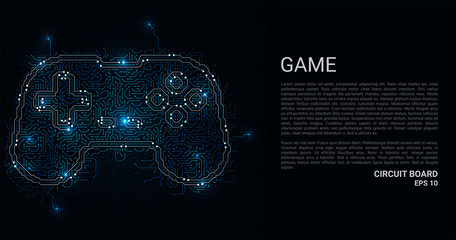 Circuit Board in the form of a game. Microchip gamepad background. High-tech vector illustration of a game made of chips. Electronic board. © newrossosh