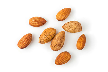 The almonds are food a snack. nuts closeup top view isolated on white background and clipping path.