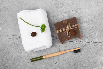 Flat lay on natural cosmetics. Flat layout with accessories, spa cosmetics, bath salt, cream and towels. Skin Care, Natural Cosmetics