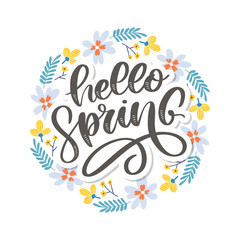 Fototapeta na wymiar Hello Spring - Hand drawn inspiration quote. Vector typography design element. Spring lettering poster. Good for t-shirts, prints, cards, banners.