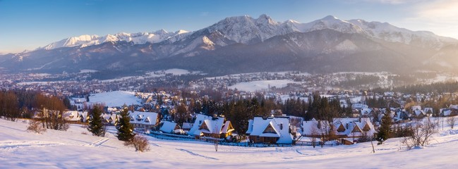 Winter panorama of the High Tatras and the Zakopane Resort in Poland