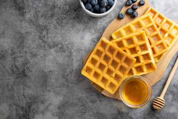 Belgian waffles with blueberry and honey for breakfast. Delicious homemade pastry. Copy space.