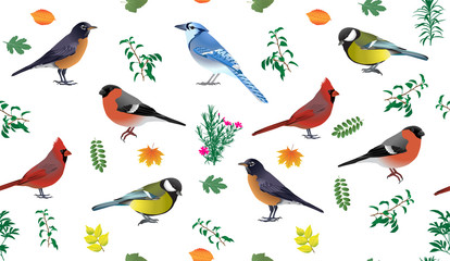 Seamless pattern with birds and leaves in colour image