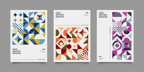 Retro covers for annual report, brochure. Vintage shape compositions in bauhause style. Vector illustration