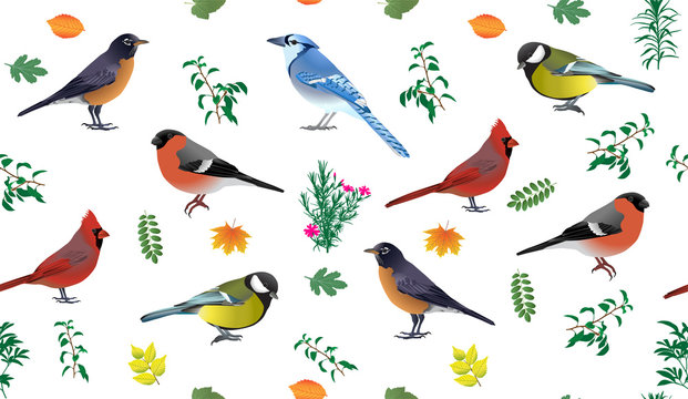 Seamless pattern with birds and leaves in colour image