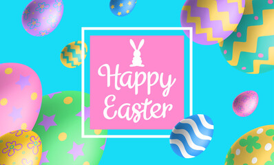 happy easter horizontal banner with flying colorful 3d eggs