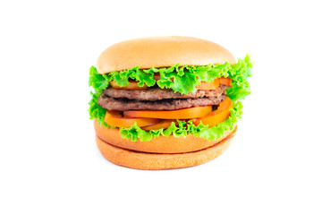 Hamburgers that contain bread Lettuce tomato onion and beef. for food and drink. isolated on white background and clipping path.