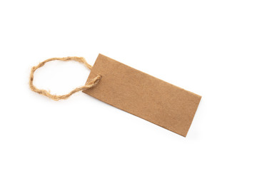 Price, discount or information tag on recycled paper with a hanging string. isolated on white.